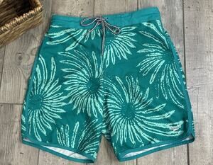 Speedo Mens Swim Trunks Small Green Teal Floral Burst E-Board Shorts UPF 50+